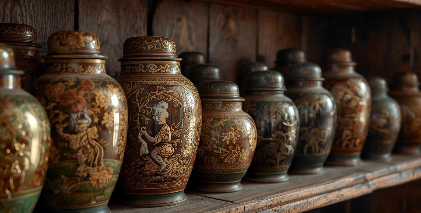 Chinese apothecary jars lined up on a rustic looking shelf - Authentic Arthritis Asian Herbs